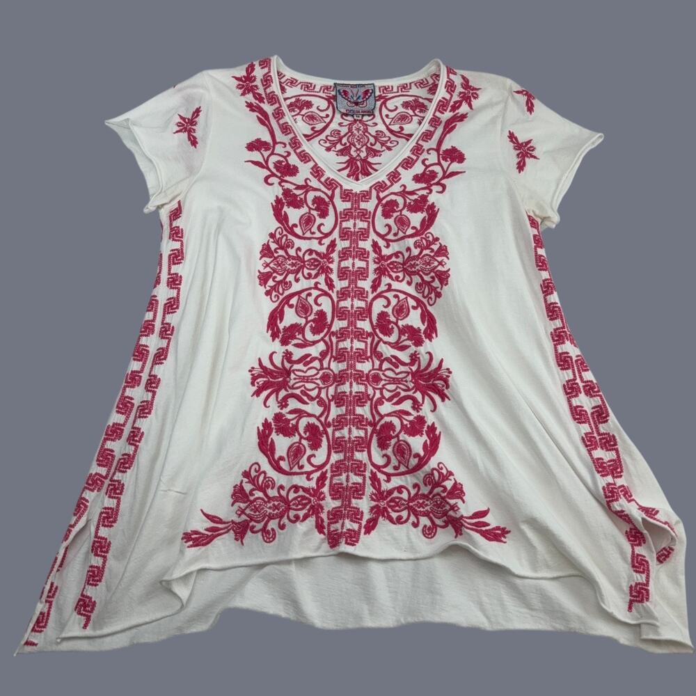 Johnny Was Boho Tunic Top Size M Soft Cotton Pink & White Embroidery Shirt